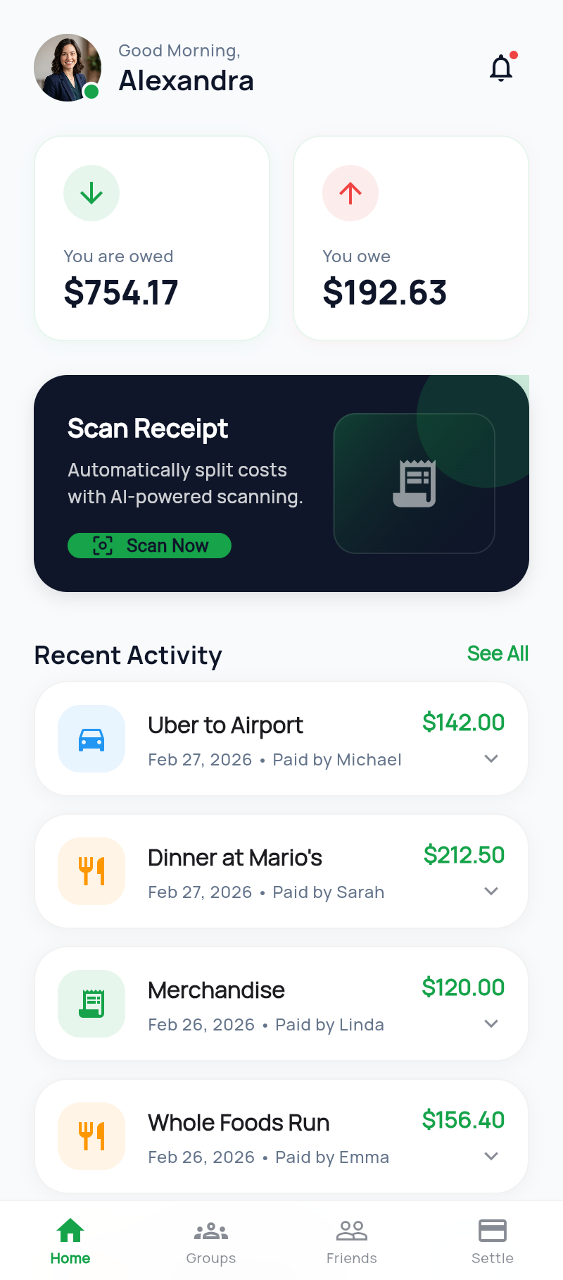 SimpleTab dashboard showing group balances and recent expenses