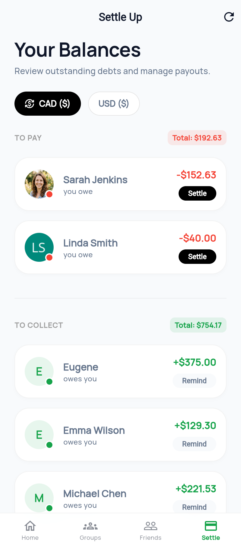 Settle up screen showing who owes what